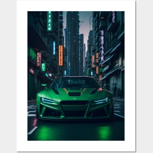 Dark Green Sports Car in Japanese Neon City Posters and Art